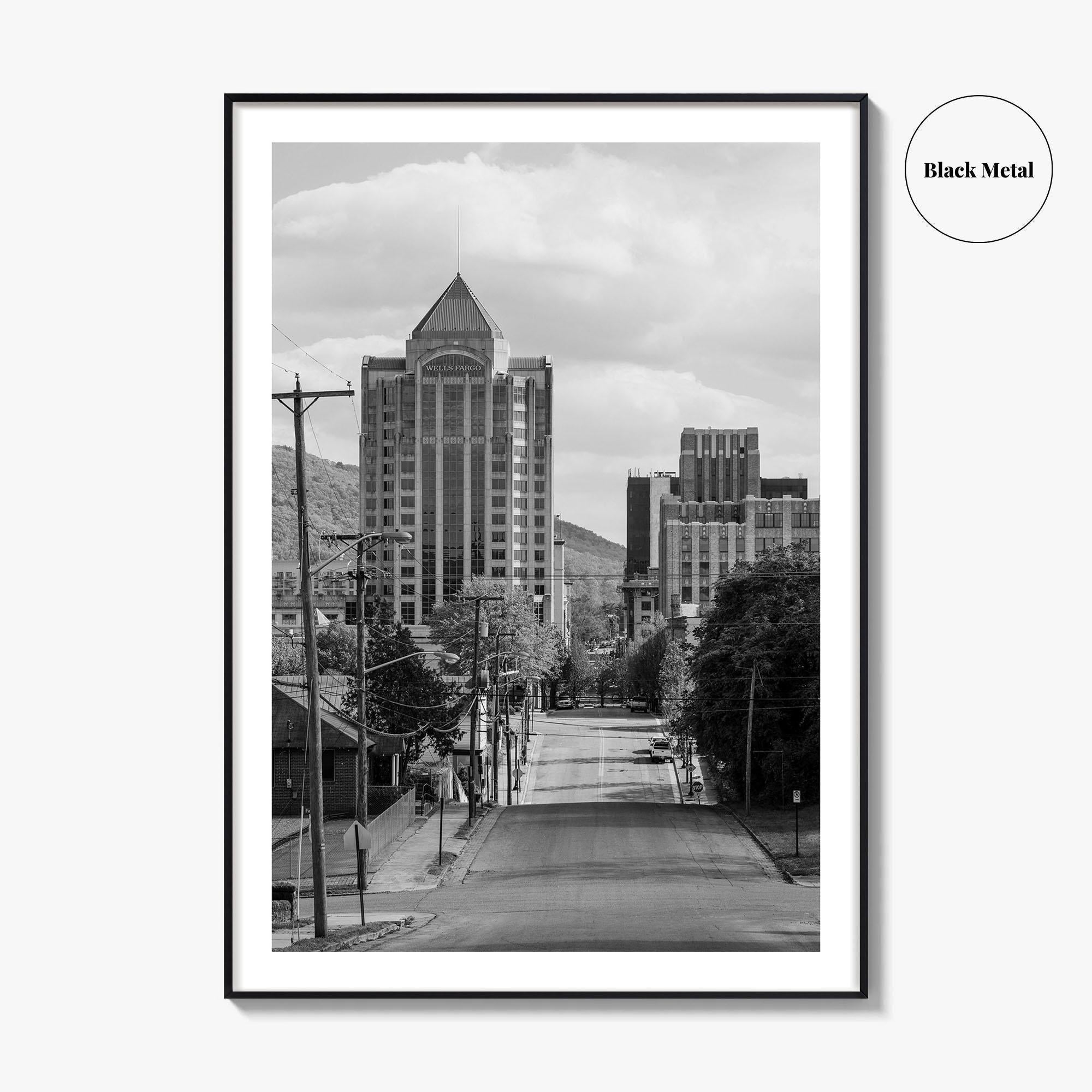 Roanoke Skyline Black and White Fine Art Photo Print, Jefferson Street, Virginia, Wall Decor