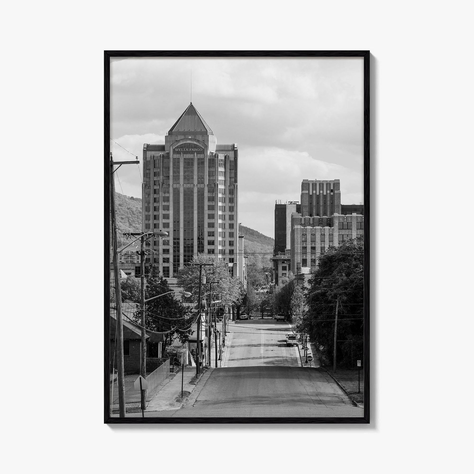 Roanoke Skyline Black and White Fine Art Photo Print, Jefferson Street, Virginia, Wall Decor