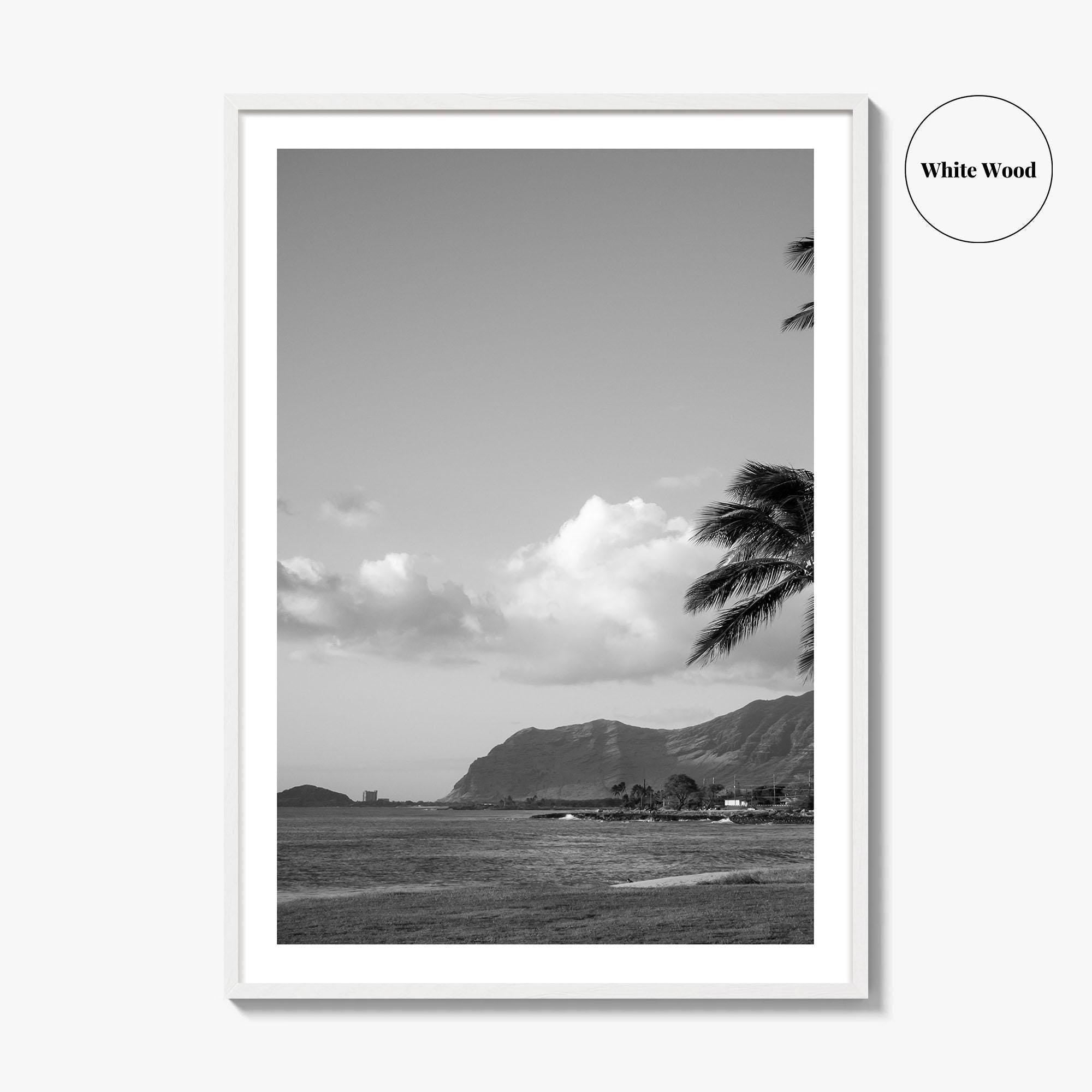 Oahu Black and White Fine Art Photo Print, Hawaii Coast Palm Trees, Wall Poster