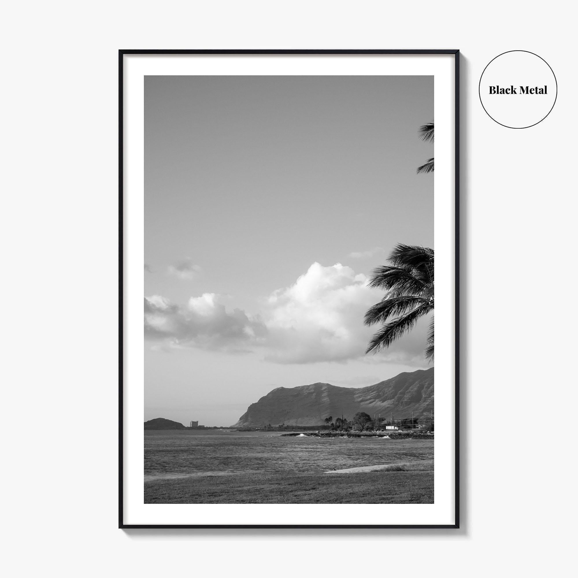 Oahu Black and White Fine Art Photo Print, Hawaii Coast Palm Trees, Wall Poster