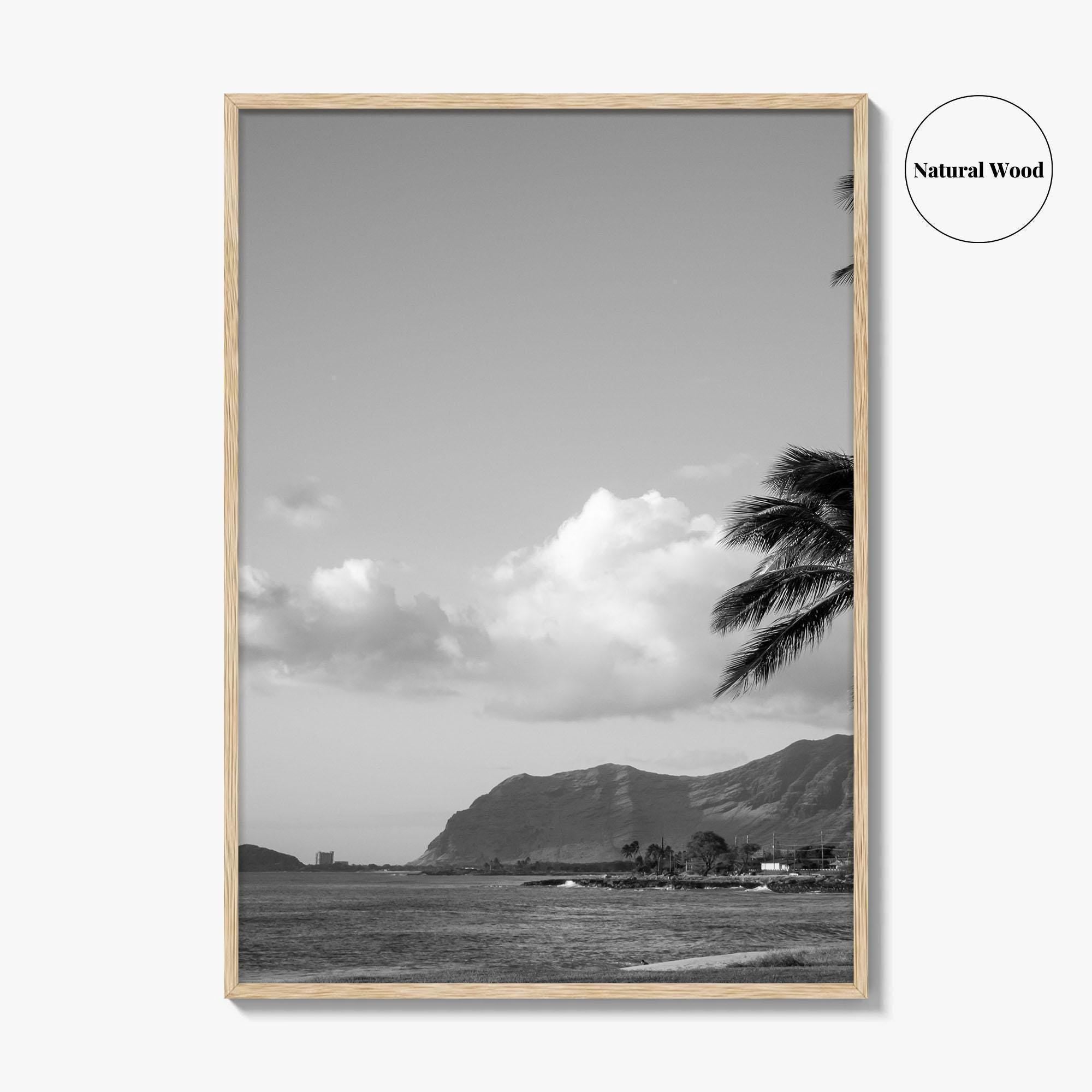 Oahu Black and White Fine Art Photo Print, Hawaii Coast Palm Trees, Wall Poster