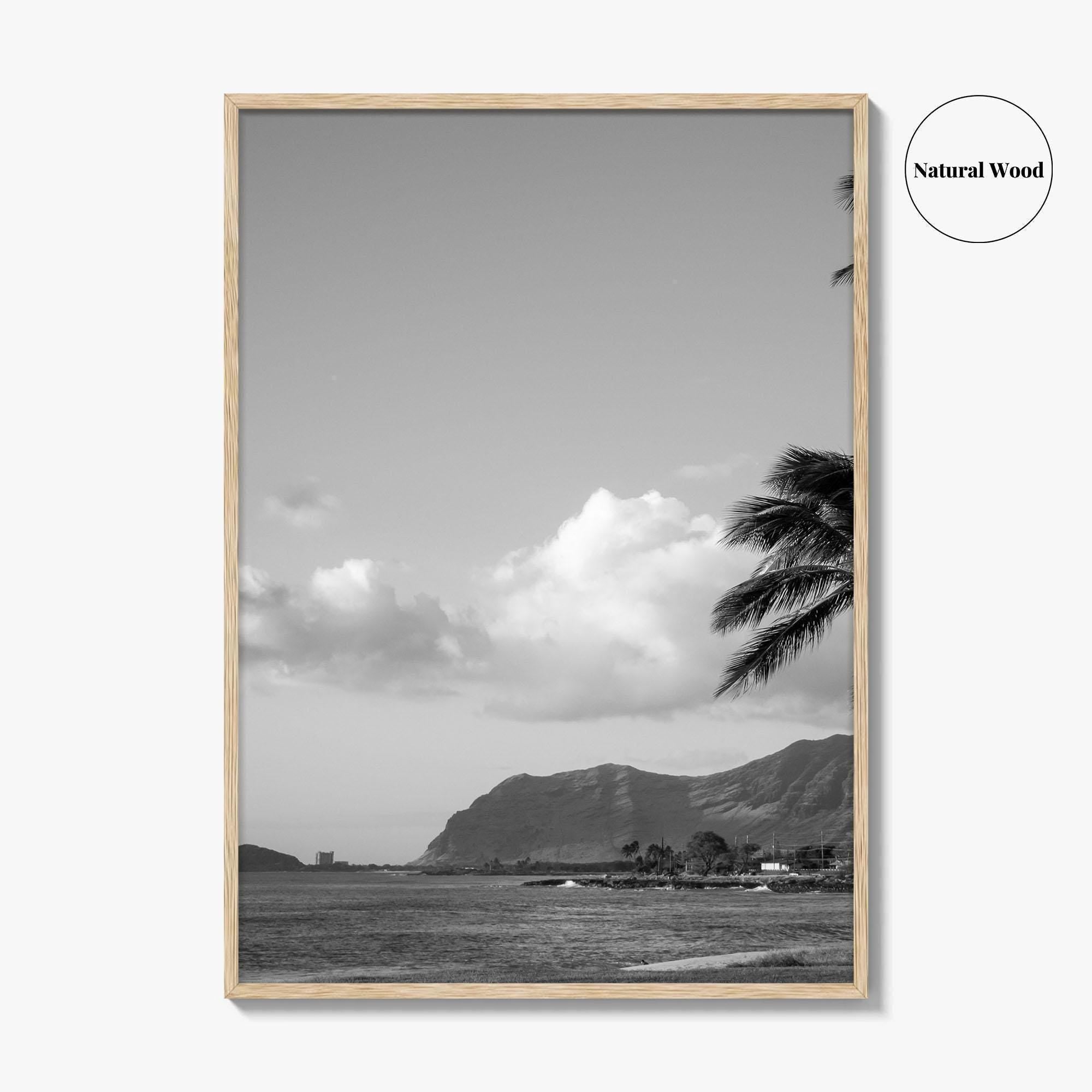 Oahu Black and White Fine Art Photo Print, Hawaii Coast Palm Trees, Wall Poster