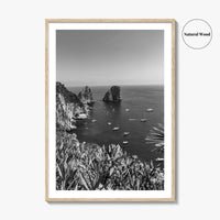 Capri Island Black and White Fine Art Photo Print, Faraglioni Cliffs, Tyrrhenian Sea, Italy