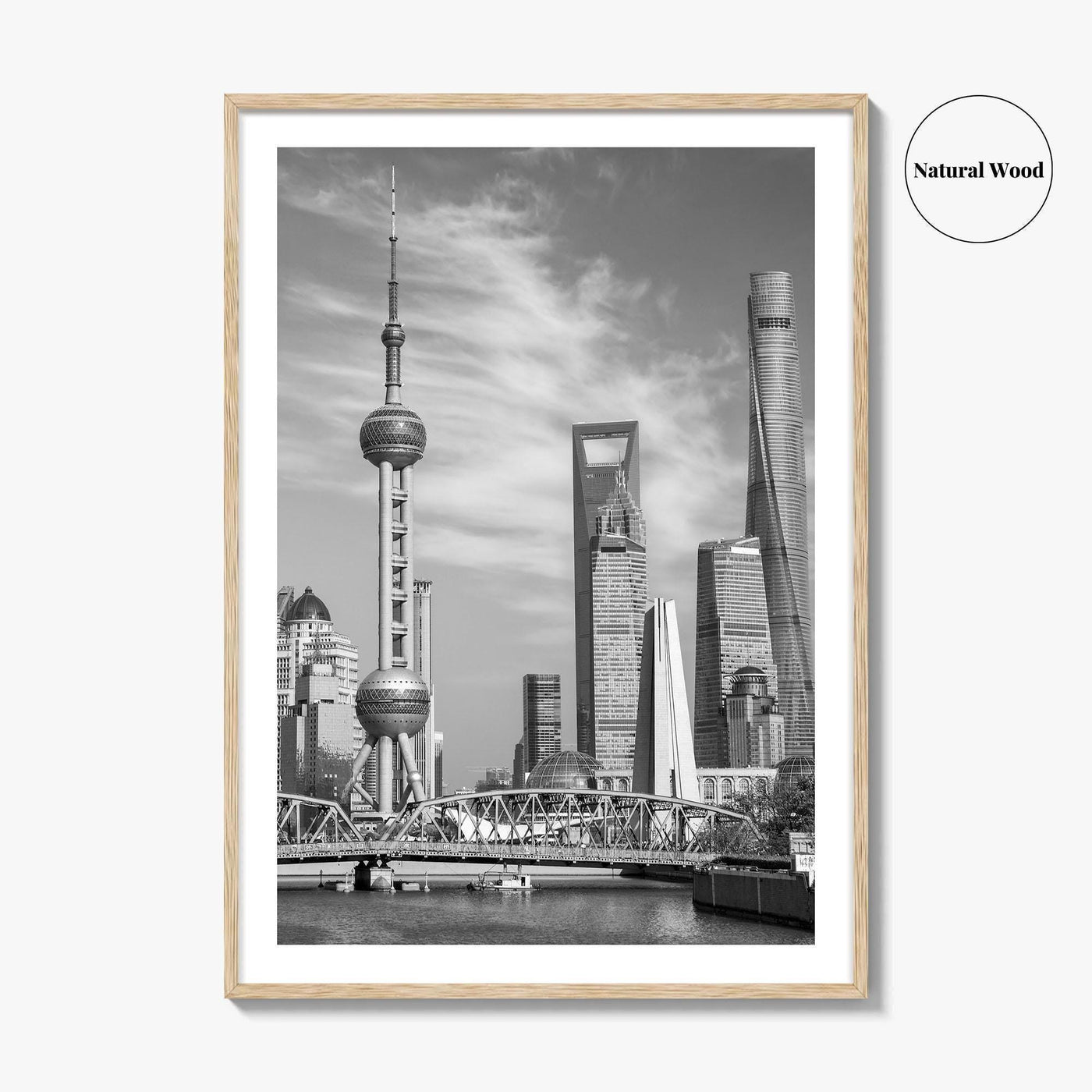 Shanghai Skyline Black and White Fine Art Photo Print, Waibaidu Bridge, China Wall Decor
