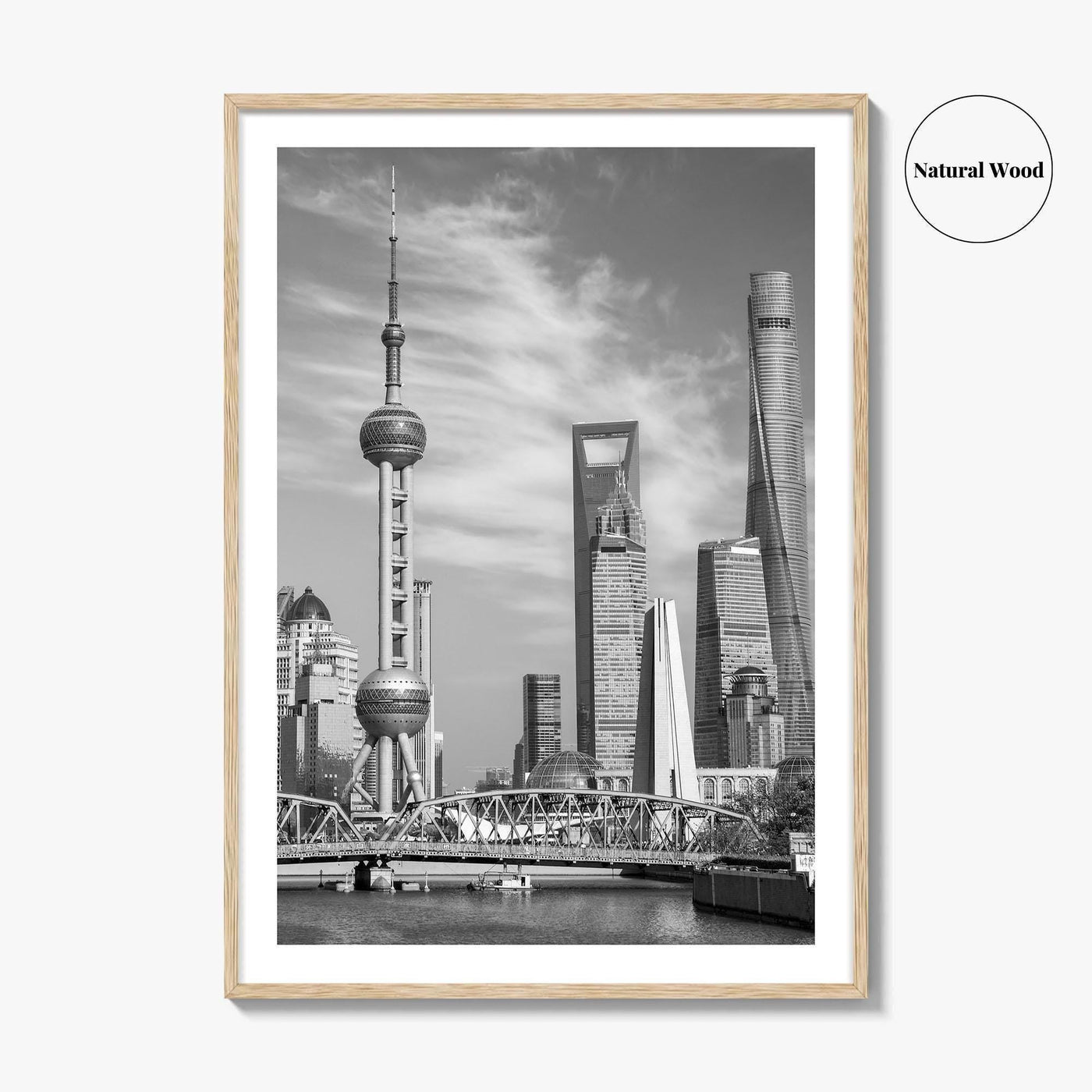 Shanghai Skyline Black and White Fine Art Photo Print, Waibaidu Bridge, China Wall Decor