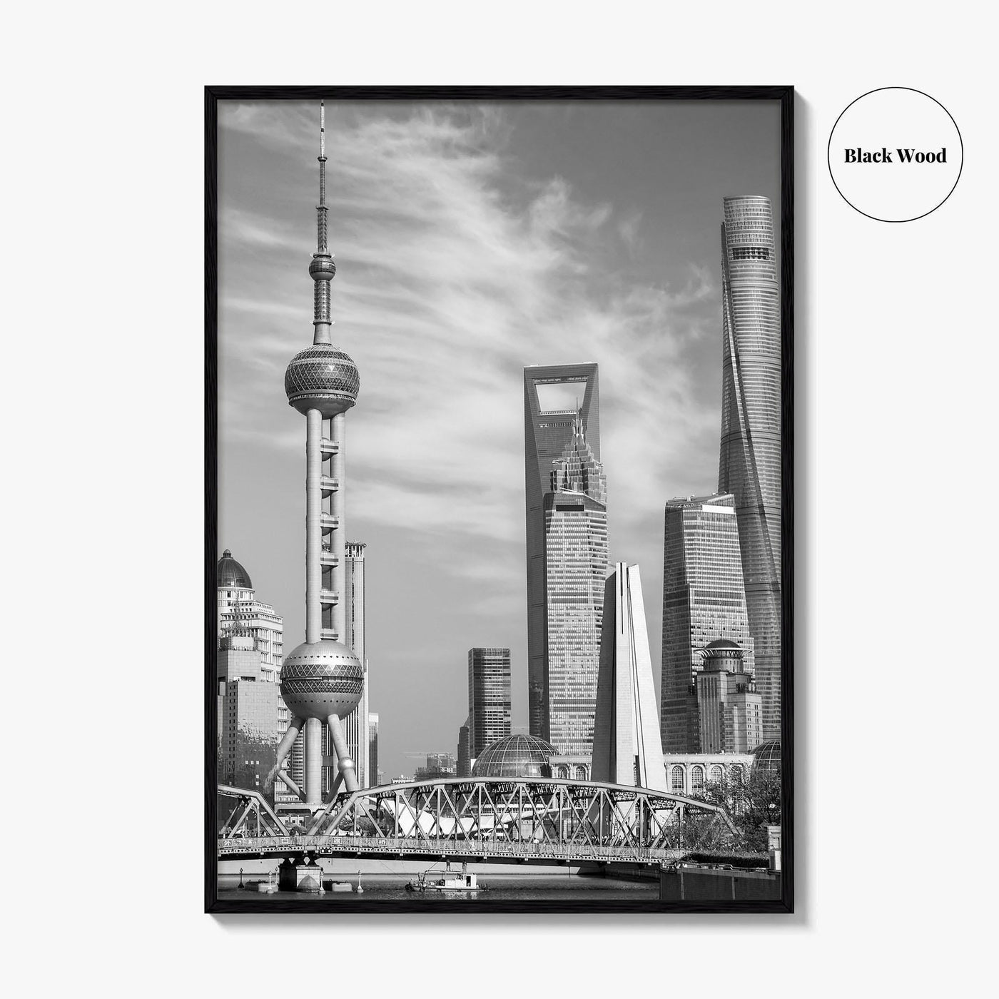 Shanghai Skyline Black and White Fine Art Photo Print, Waibaidu Bridge, China Wall Decor