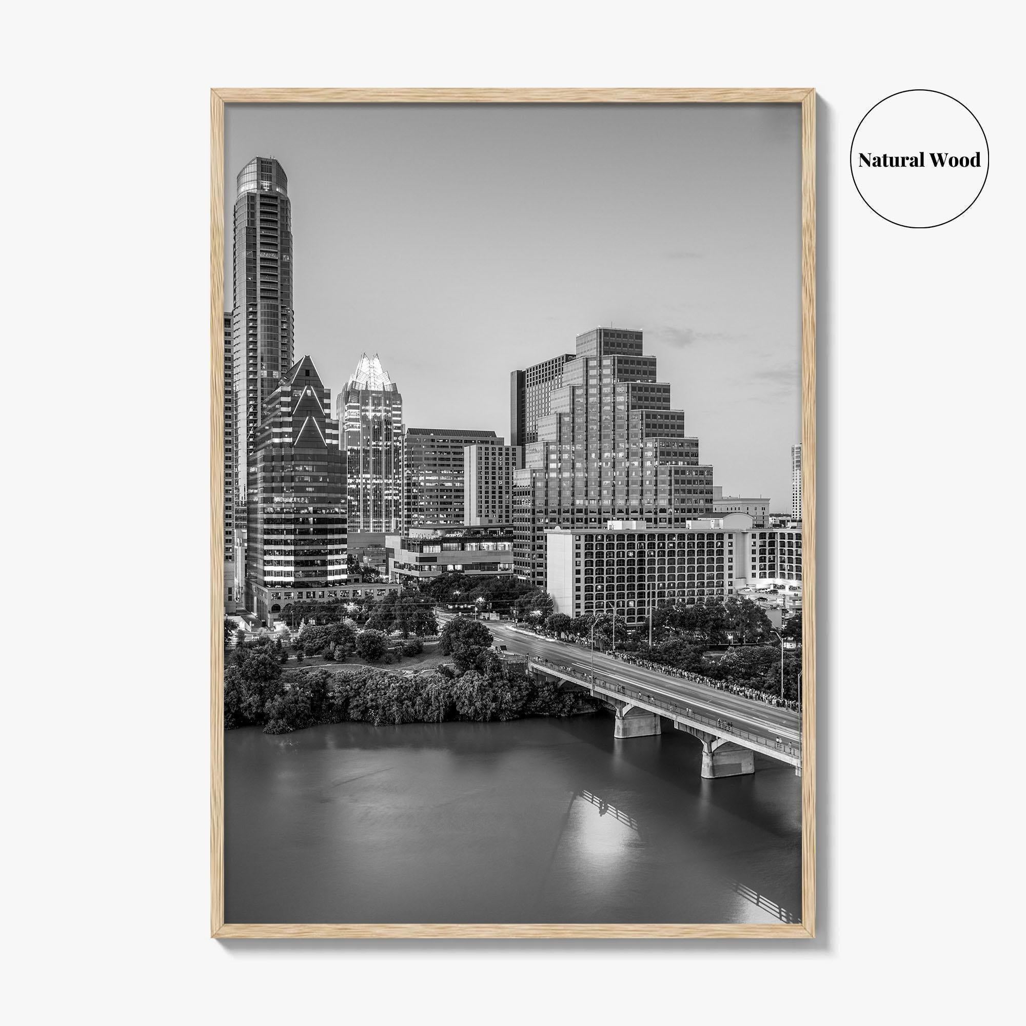 Austin Skyline Black and White Fine Art Photo Print, Texas Colorado River Poster