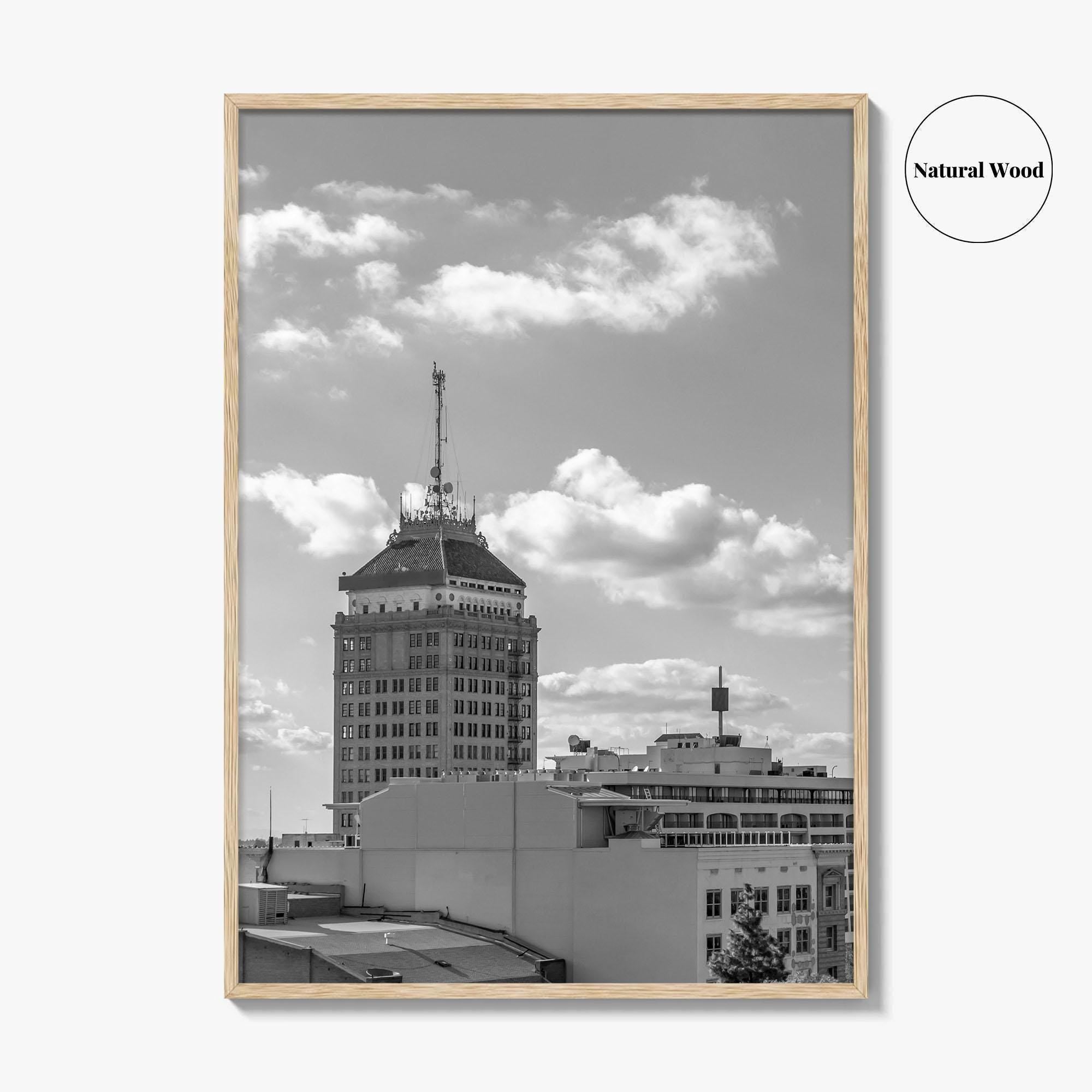 Fresno Skyline Black and White Fine Art Photo Print, Downtown California Poster