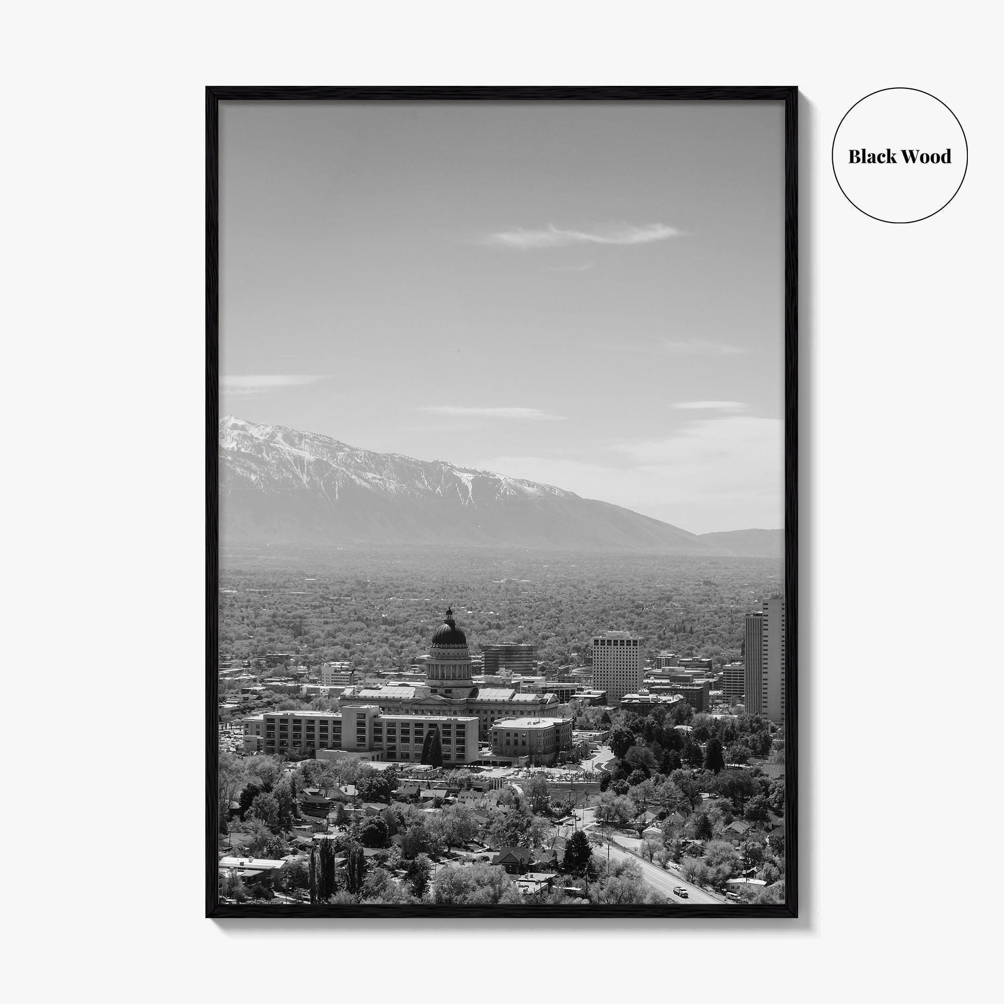 Salt Lake City Skyline Black and White Fine Art Photo Print, Utah Wall Poster
