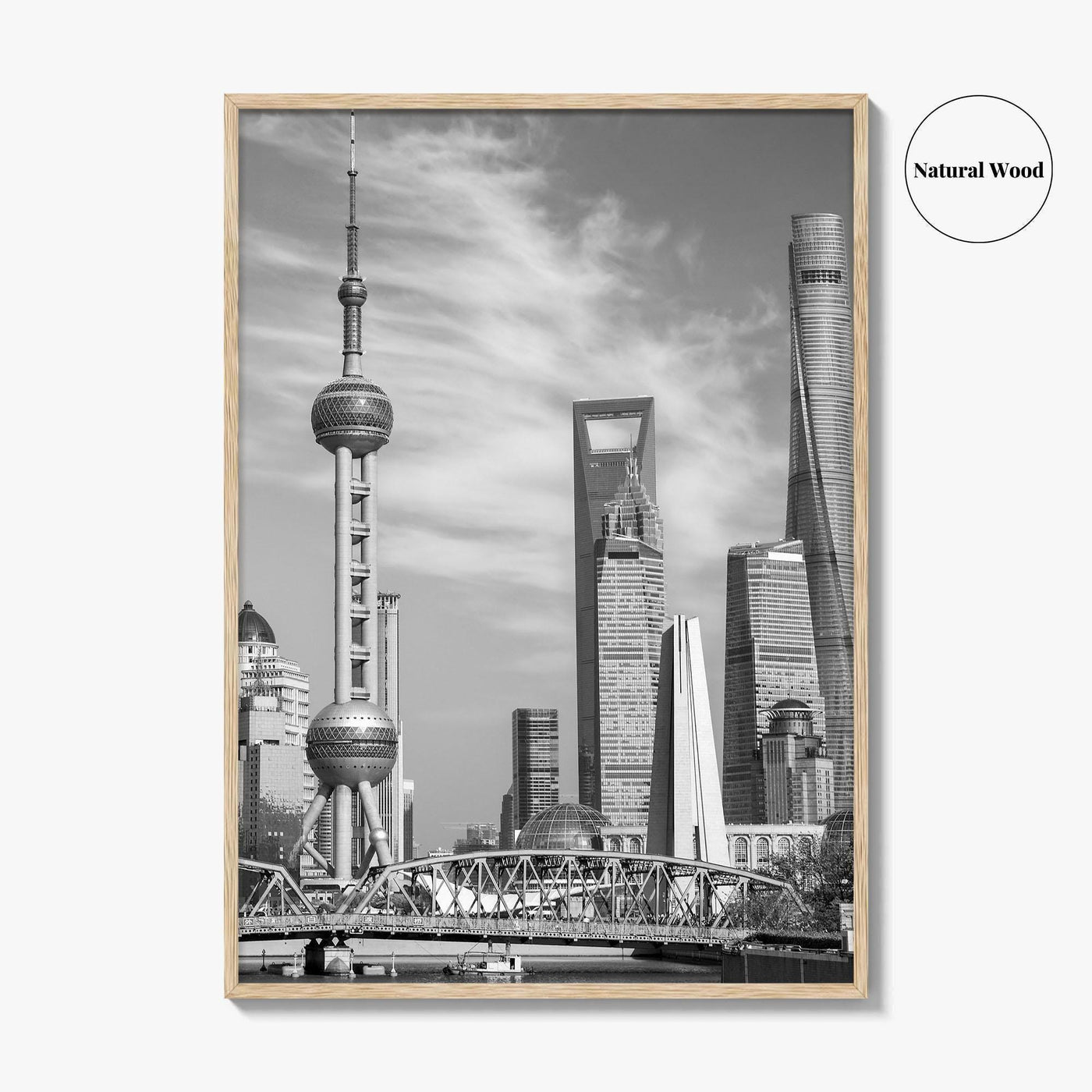 Shanghai Skyline Black and White Fine Art Photo Print, Waibaidu Bridge, China Wall Decor