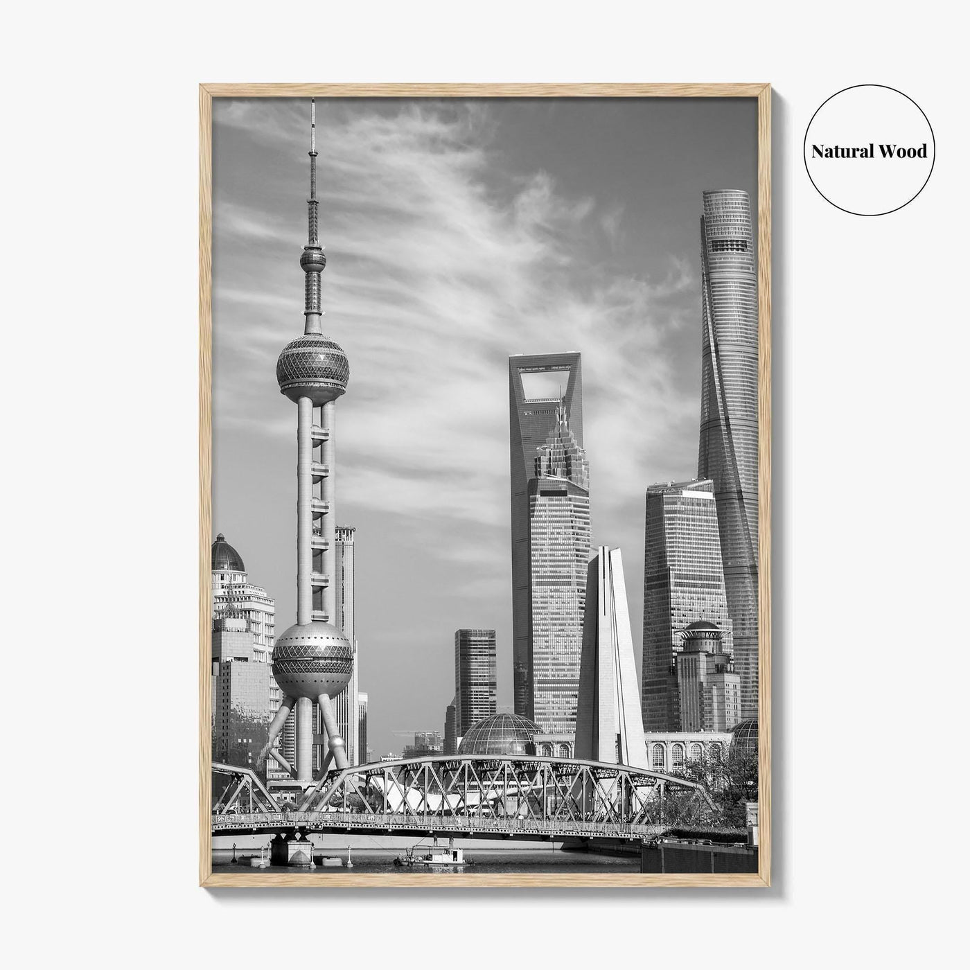 Shanghai Skyline Black and White Fine Art Photo Print, Waibaidu Bridge, China Wall Decor