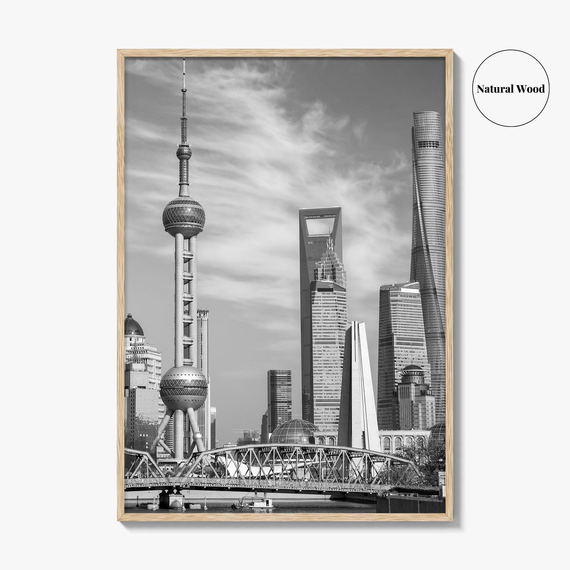 Shanghai Skyline Black and White Fine Art Photo Print, Waibaidu Bridge, China Wall Decor