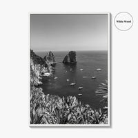 Capri Island Black and White Fine Art Photo Print, Faraglioni Cliffs, Tyrrhenian Sea, Italy