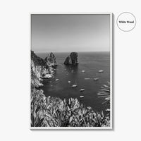 Capri Island Black and White Fine Art Photo Print, Faraglioni Cliffs, Tyrrhenian Sea, Italy