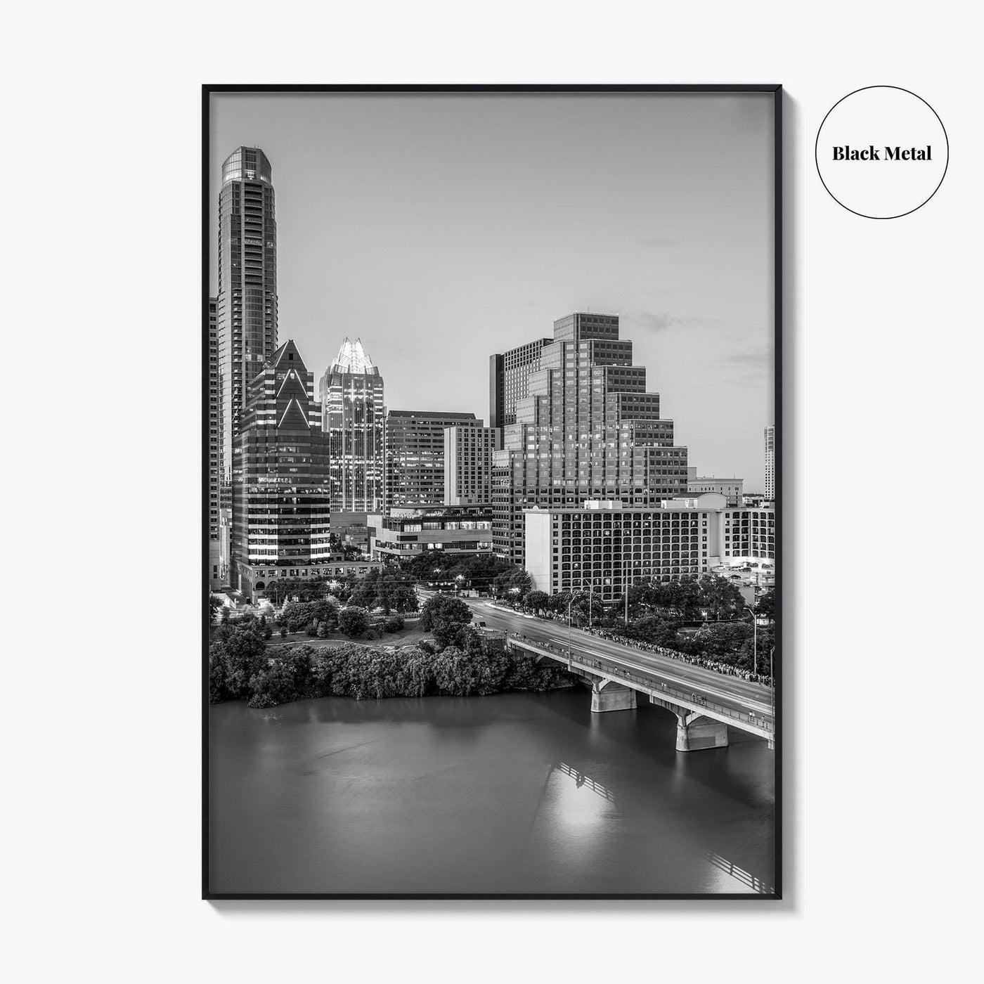 Austin Skyline Black and White Fine Art Photo Print, Texas Colorado River Poster