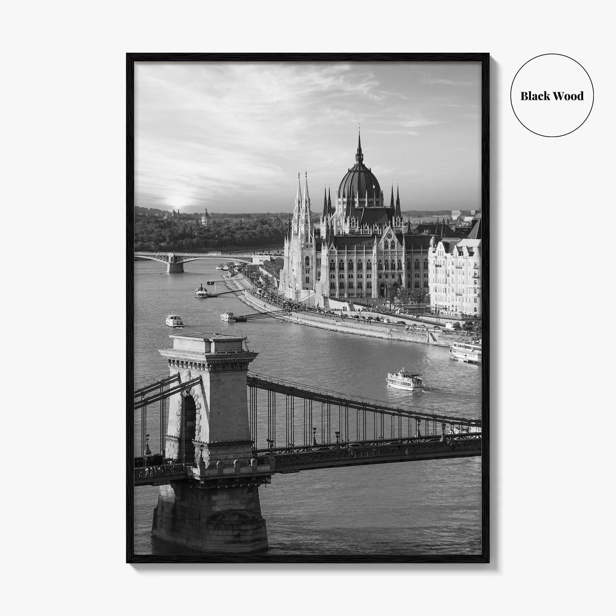 Budapest Black and White Fine Art Photo Print, Hungarian Parliament Chain Bridge Hungary Poster