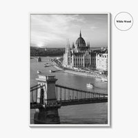 Budapest Black and White Fine Art Photo Print, Hungarian Parliament Chain Bridge Hungary Poster