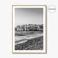Mykonos Black and White Fine Art Photo Print, Little Venice Waterfront, Greece Wall Poster