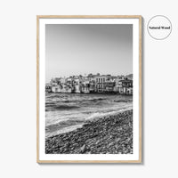 Mykonos Black and White Fine Art Photo Print, Little Venice Waterfront, Greece Wall Poster