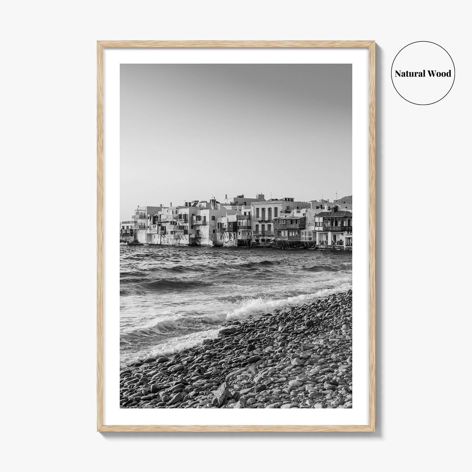 Mykonos Black and White Fine Art Photo Print, Little Venice Waterfront, Greece Wall Poster