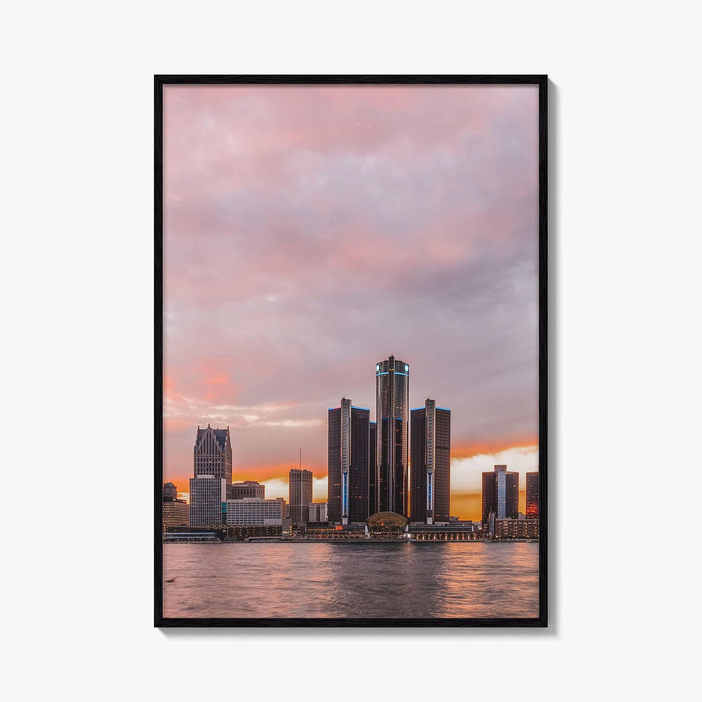 Detroit Red Skyline Fine Art Photo Print, Downtown Riverwalk, Michigan USA Wall Poster