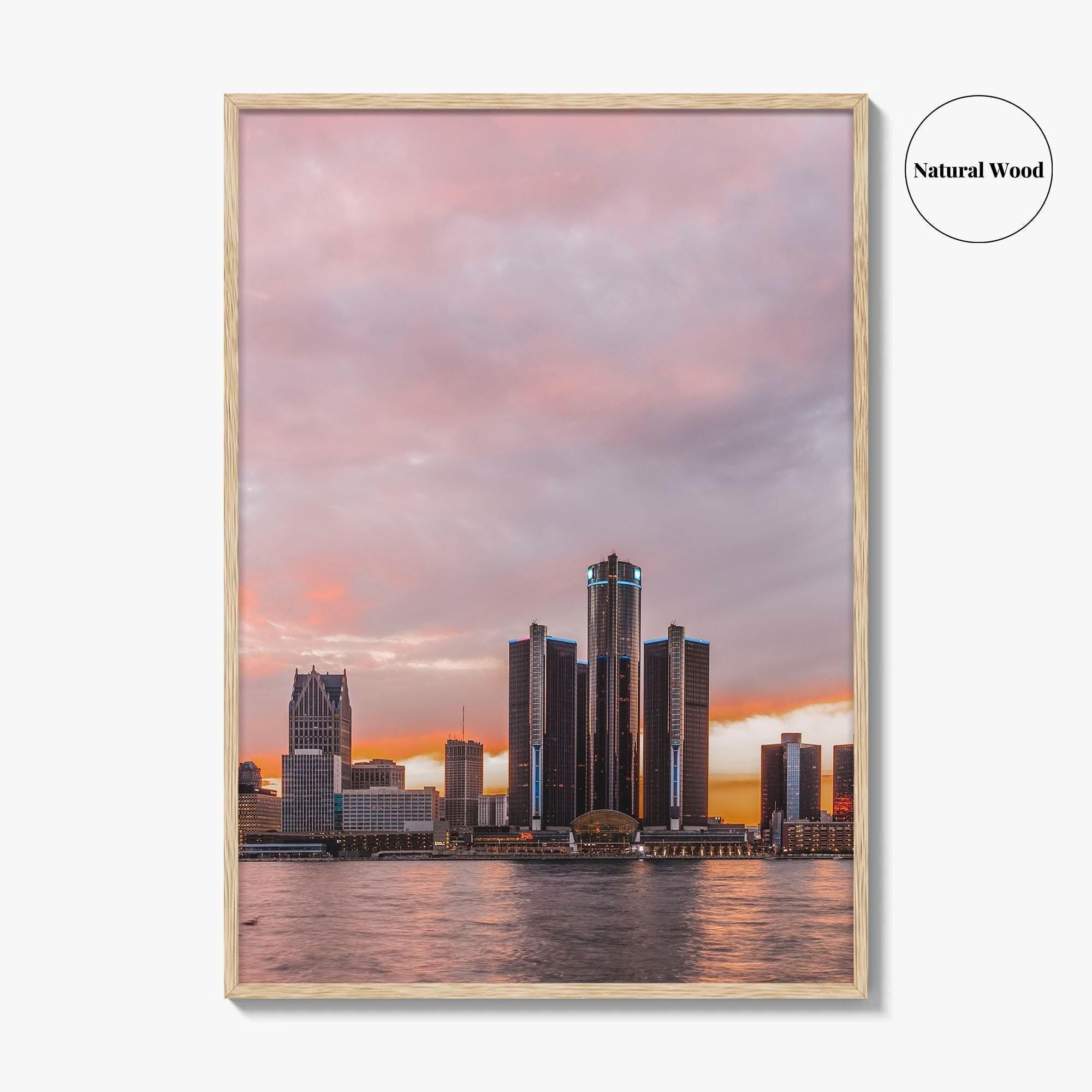 Detroit Red Skyline Fine Art Photo Print, Downtown Riverwalk, Michigan USA Wall Poster
