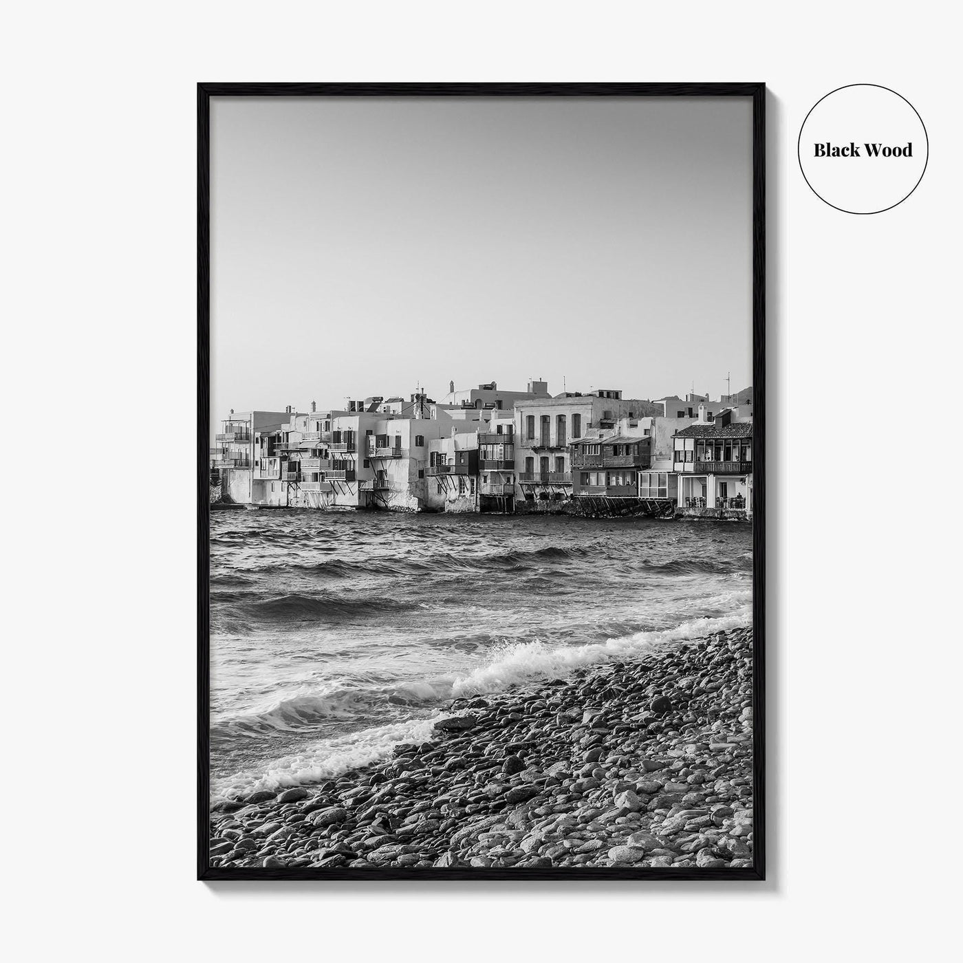 Mykonos Black and White Fine Art Photo Print, Little Venice Waterfront, Greece Wall Poster