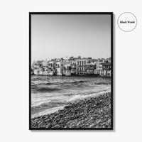 Mykonos Black and White Fine Art Photo Print, Little Venice Waterfront, Greece Wall Poster