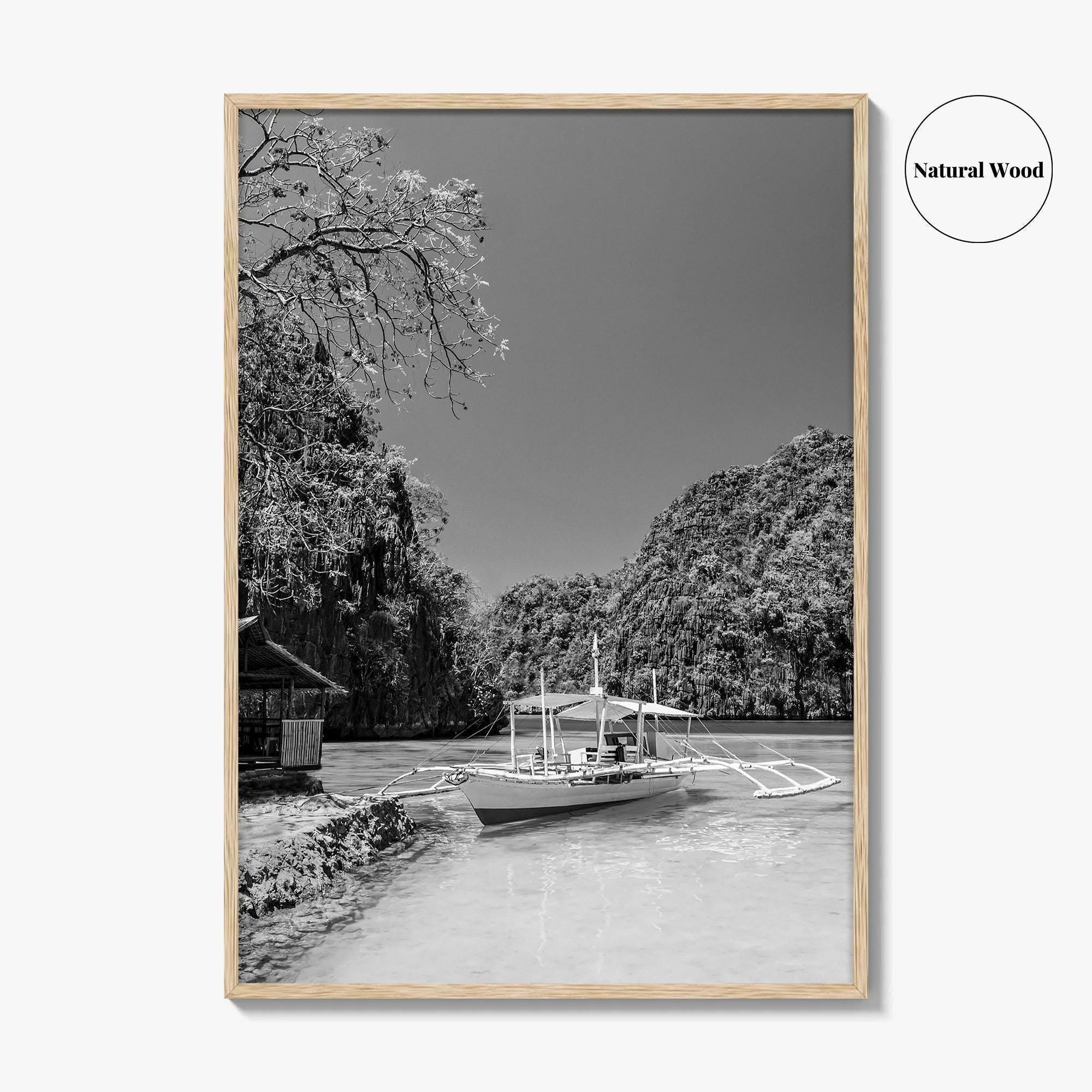 Coron Black and White Fine Art Photo Print, Palawan Philippines Wall Poster, Boat