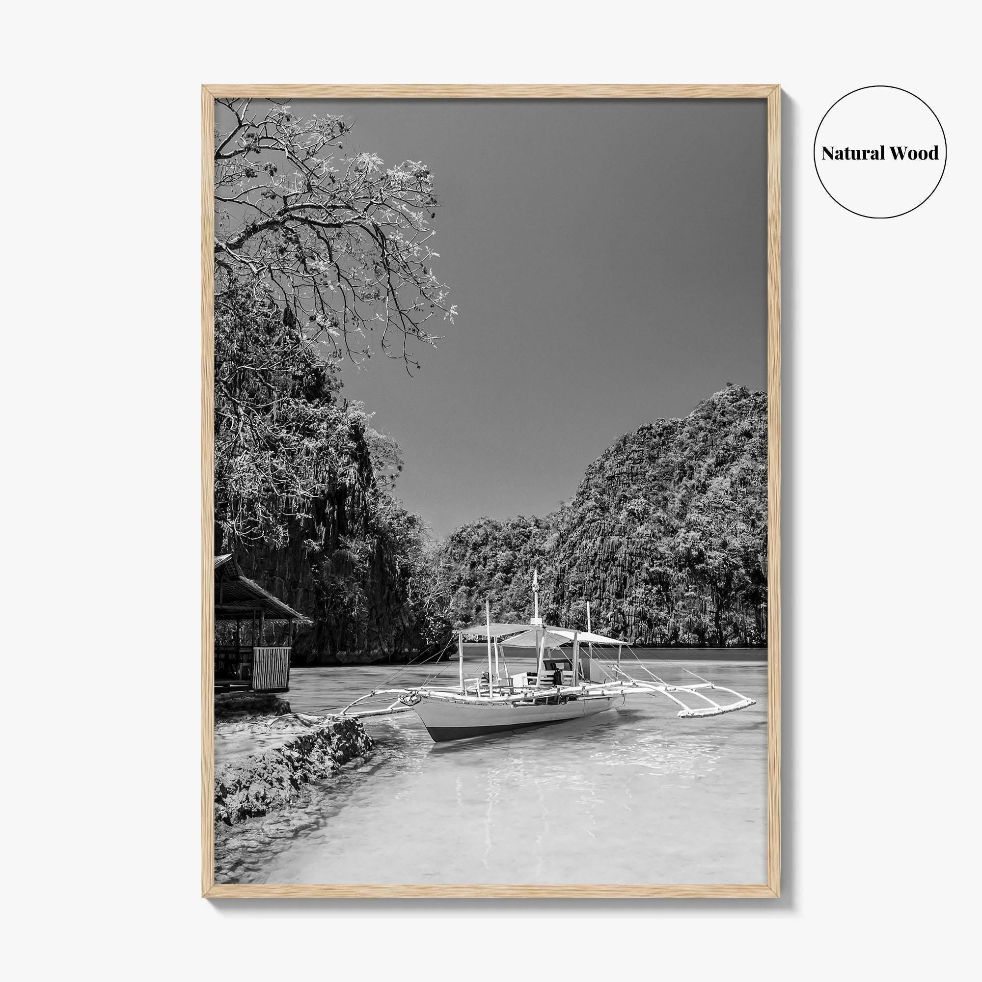Coron Black and White Fine Art Photo Print, Palawan Philippines Wall Poster, Boat