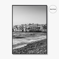 Mykonos Black and White Fine Art Photo Print, Little Venice Waterfront, Greece Wall Poster