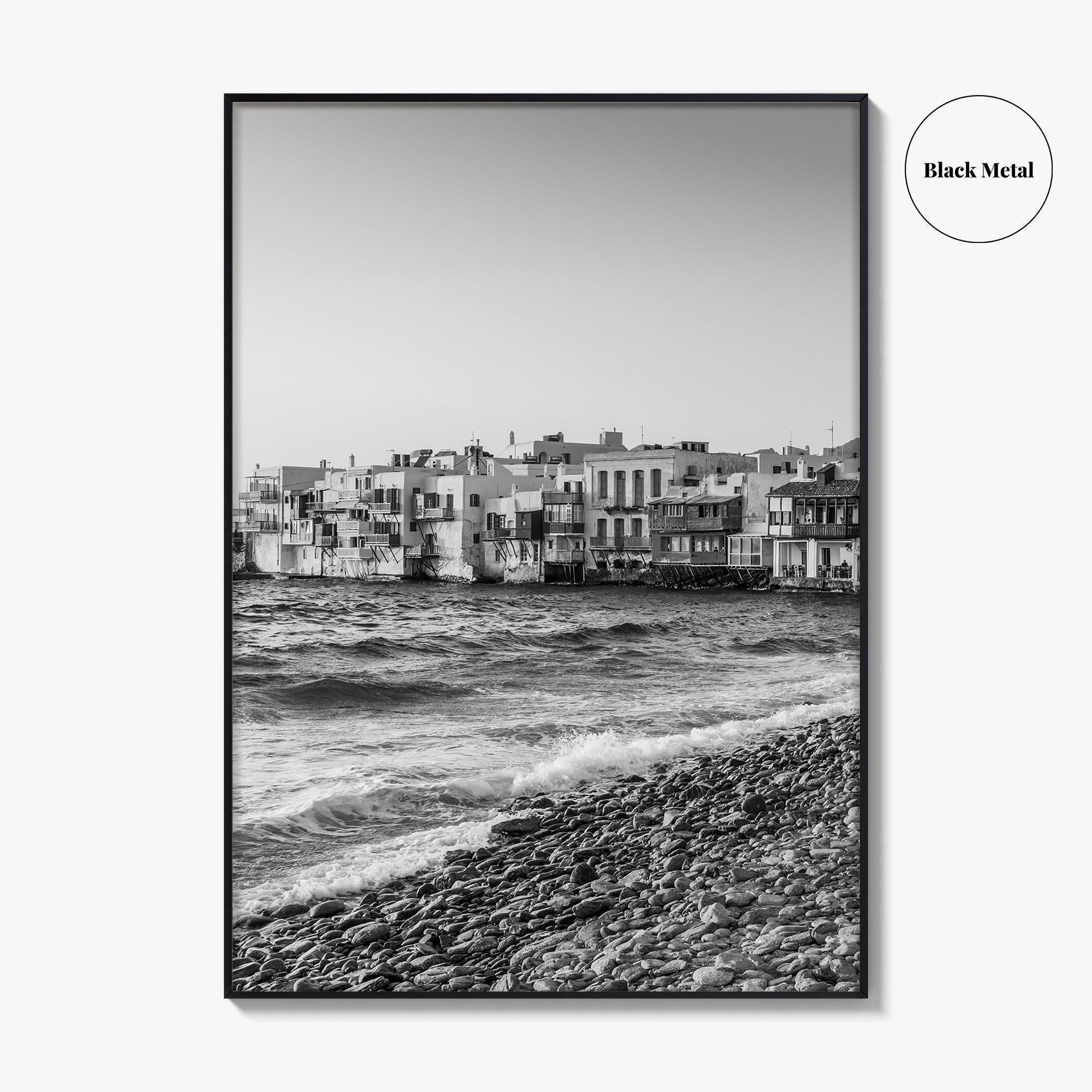 Mykonos Black and White Fine Art Photo Print, Little Venice Waterfront, Greece Wall Poster