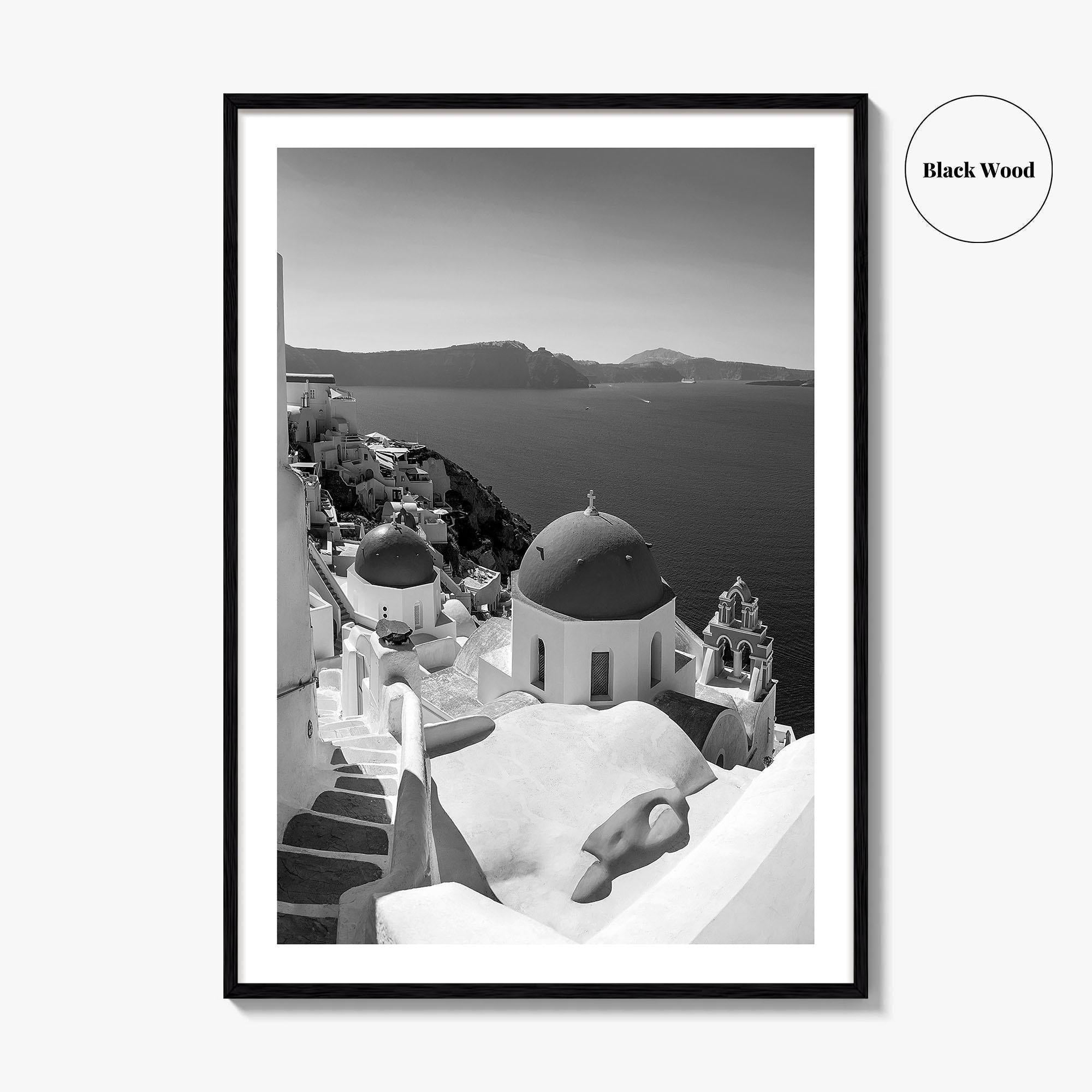 Santorini Black and White Fine Art Photo Print, Oia Greece Blue Domes Poster
