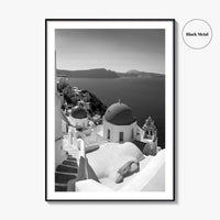 Santorini Black and White Fine Art Photo Print, Oia Greece Blue Domes Poster