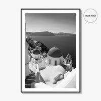 Santorini Black and White Fine Art Photo Print, Oia Greece Blue Domes Poster