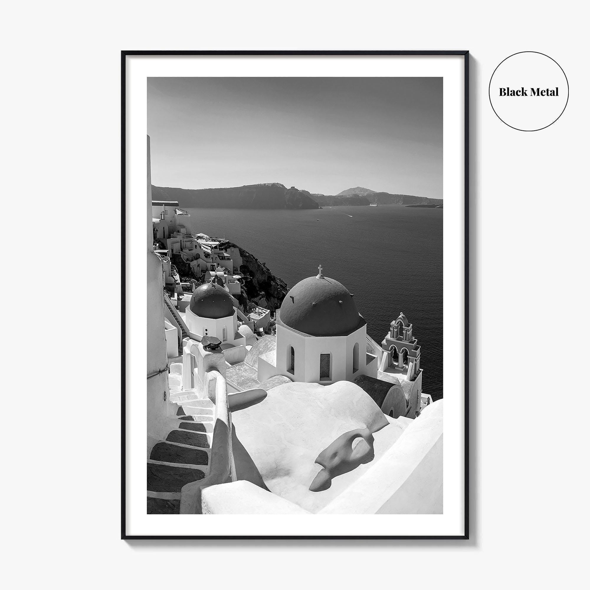 Santorini Black and White Fine Art Photo Print, Oia Greece Blue Domes Poster