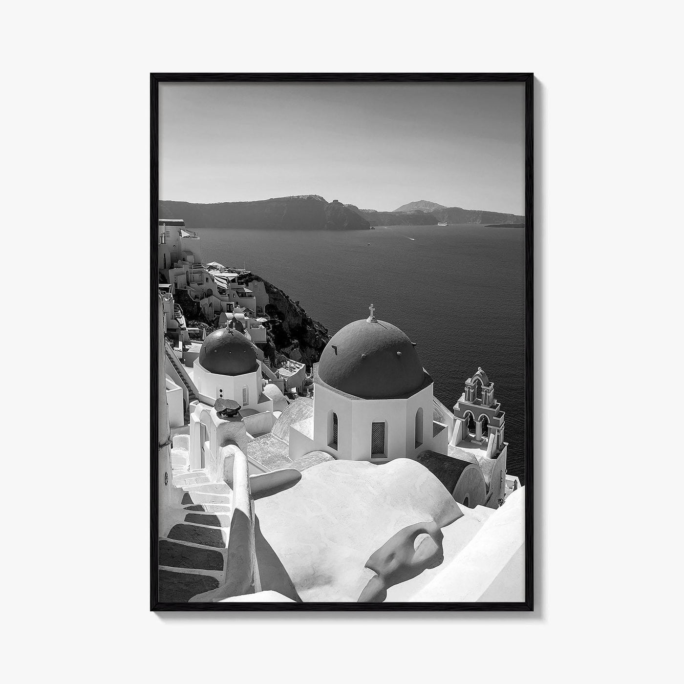 Santorini Black and White Fine Art Photo Print, Oia Greece Blue Domes Poster