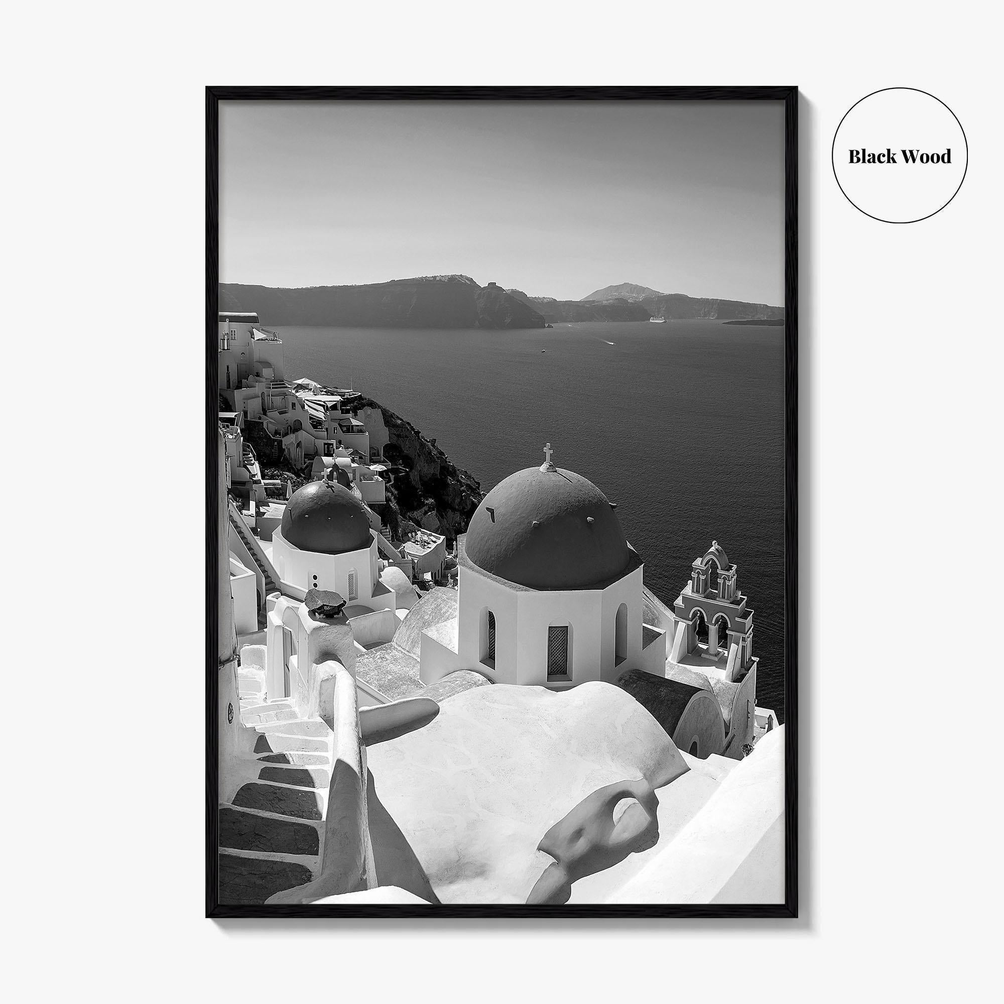 Santorini Black and White Fine Art Photo Print, Oia Greece Blue Domes Poster