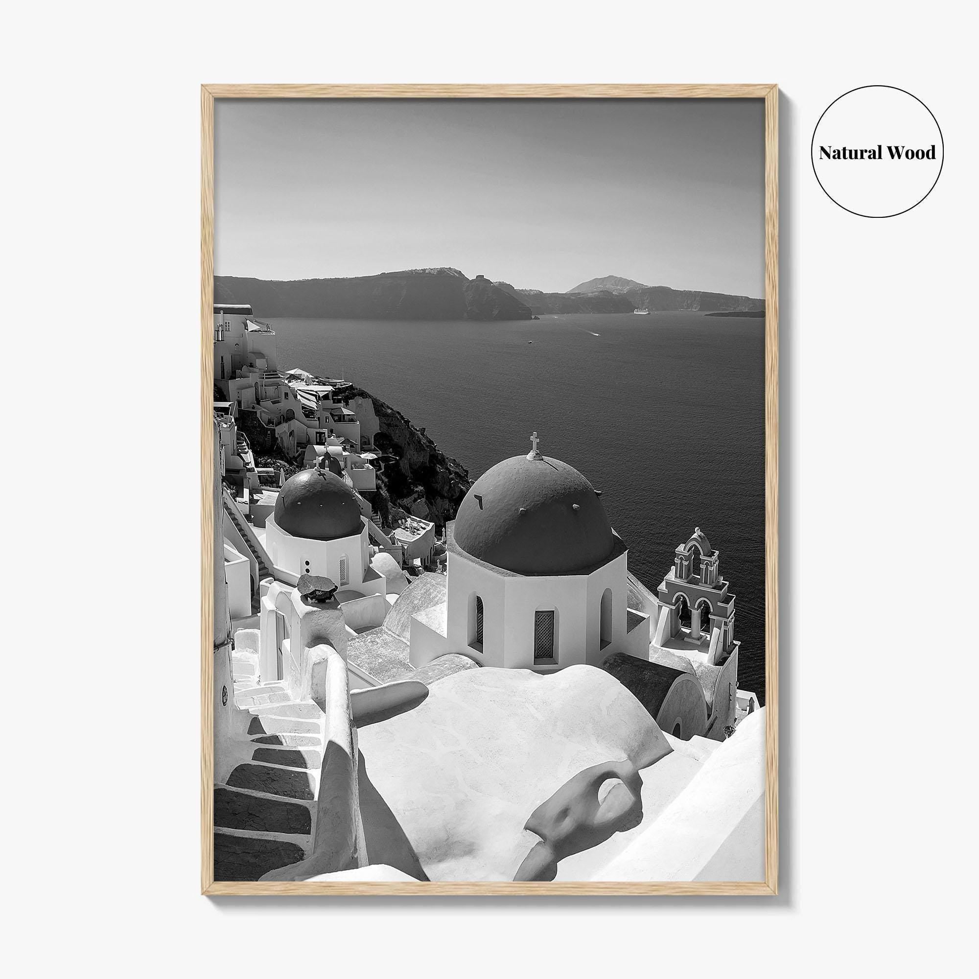 Santorini Black and White Fine Art Photo Print, Oia Greece Blue Domes Poster