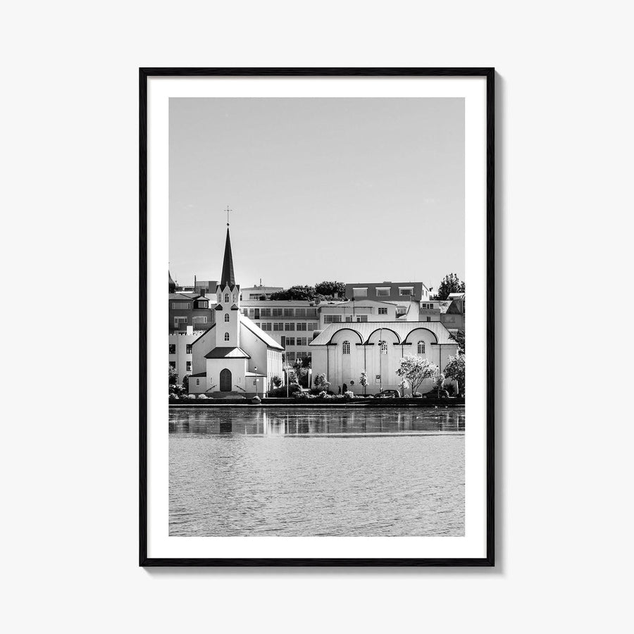 Reykjavik Black and White Fine Art Photo Print, Iceland City Center Lake Wall Poster