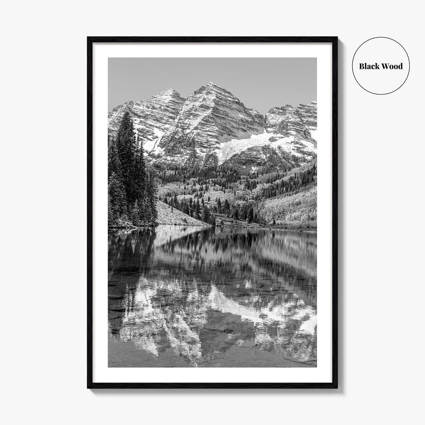 Maroon Bells Black and White Fine Art Photo Print, Aspen Colorado Lake Poster
