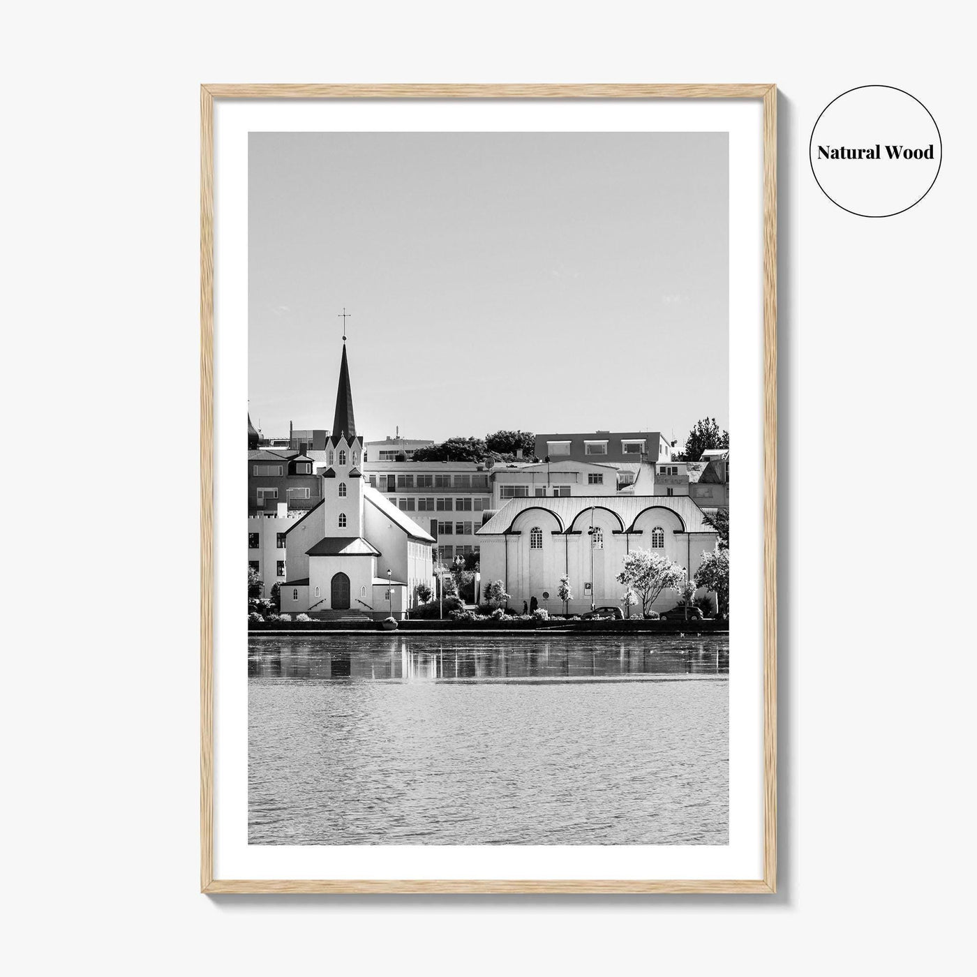 Reykjavik Black and White Fine Art Photo Print, Iceland City Center Lake Wall Poster