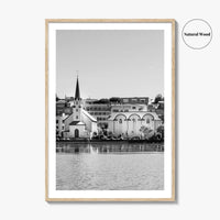 Reykjavik Black and White Fine Art Photo Print, Iceland City Center Lake Wall Poster