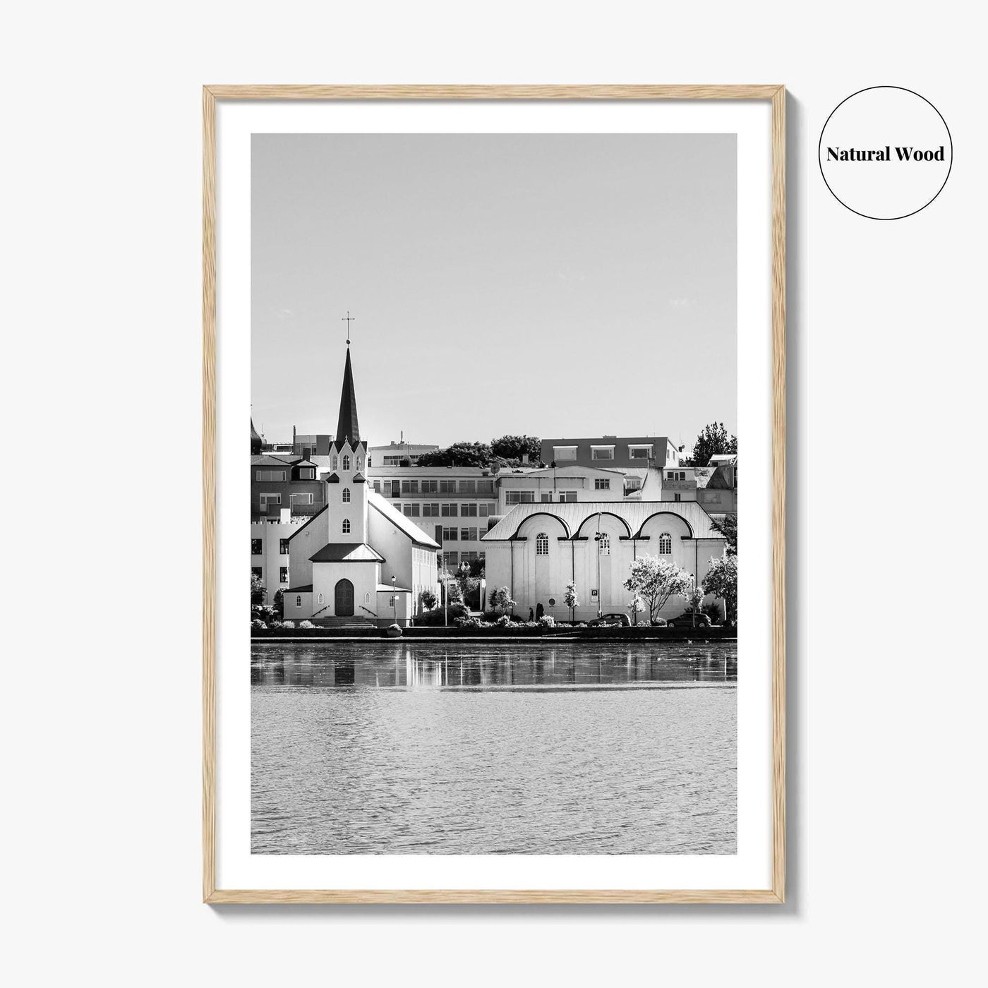 Reykjavik Black and White Fine Art Photo Print, Iceland City Center Lake Wall Poster