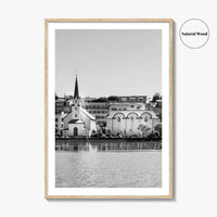 Reykjavik Black and White Fine Art Photo Print, Iceland City Center Lake Wall Poster
