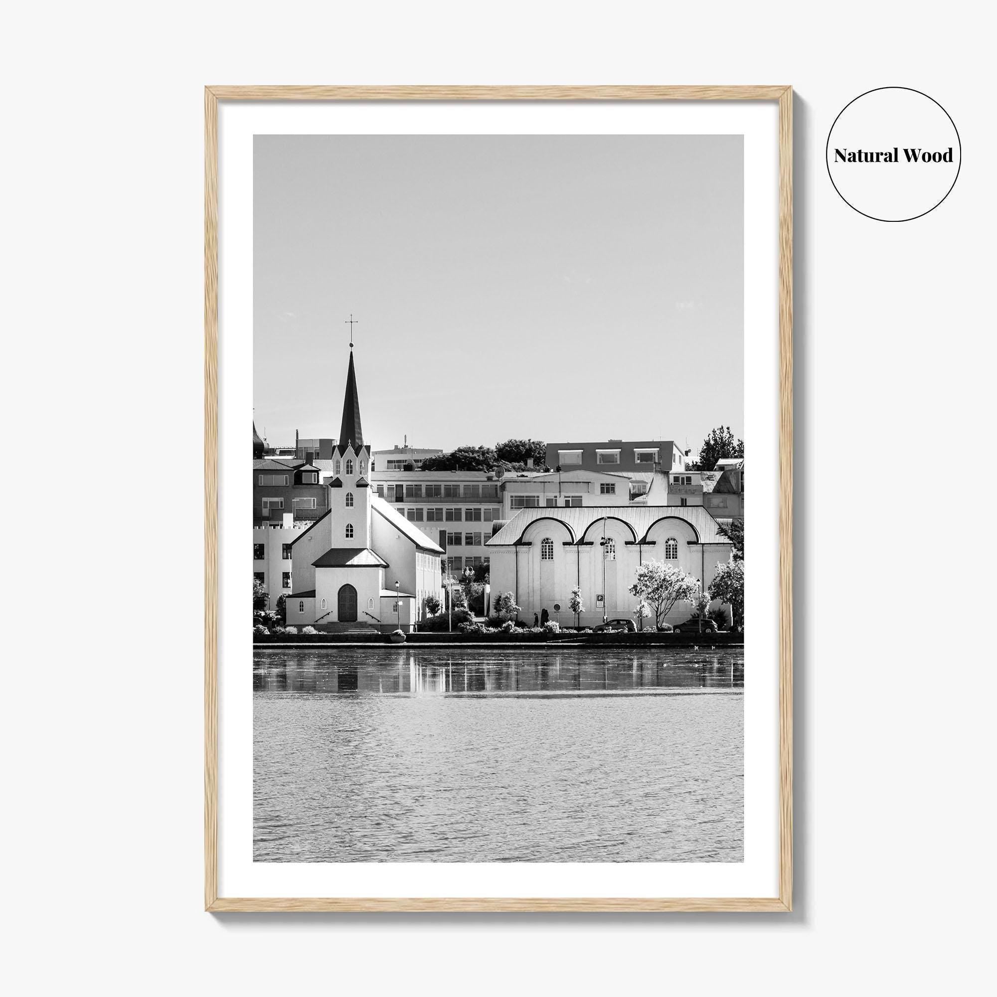 Reykjavik Black and White Fine Art Photo Print, Iceland City Center Lake Wall Poster