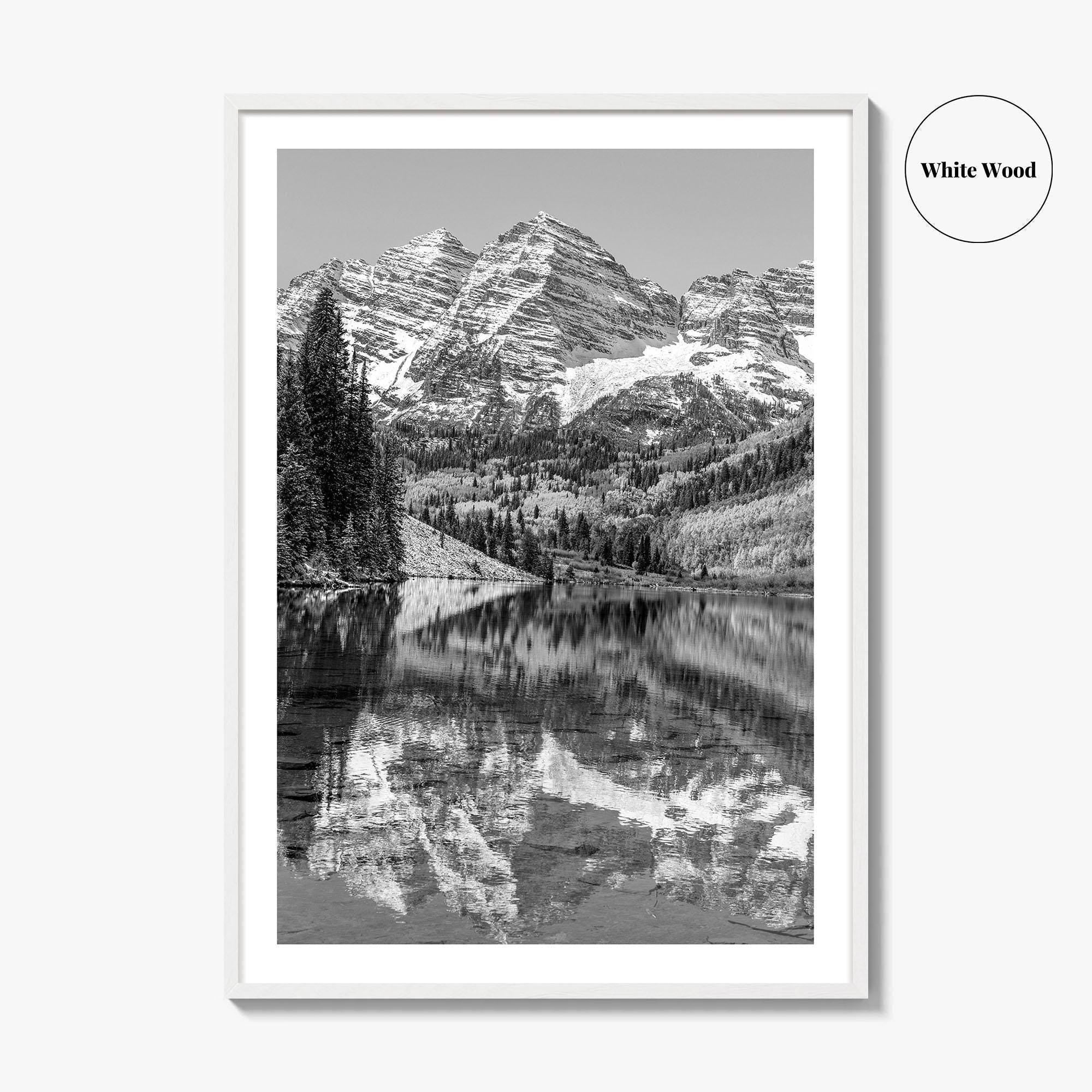 Maroon Bells Black and White Fine Art Photo Print, Aspen Colorado Lake Poster