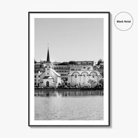 Reykjavik Black and White Fine Art Photo Print, Iceland City Center Lake Wall Poster