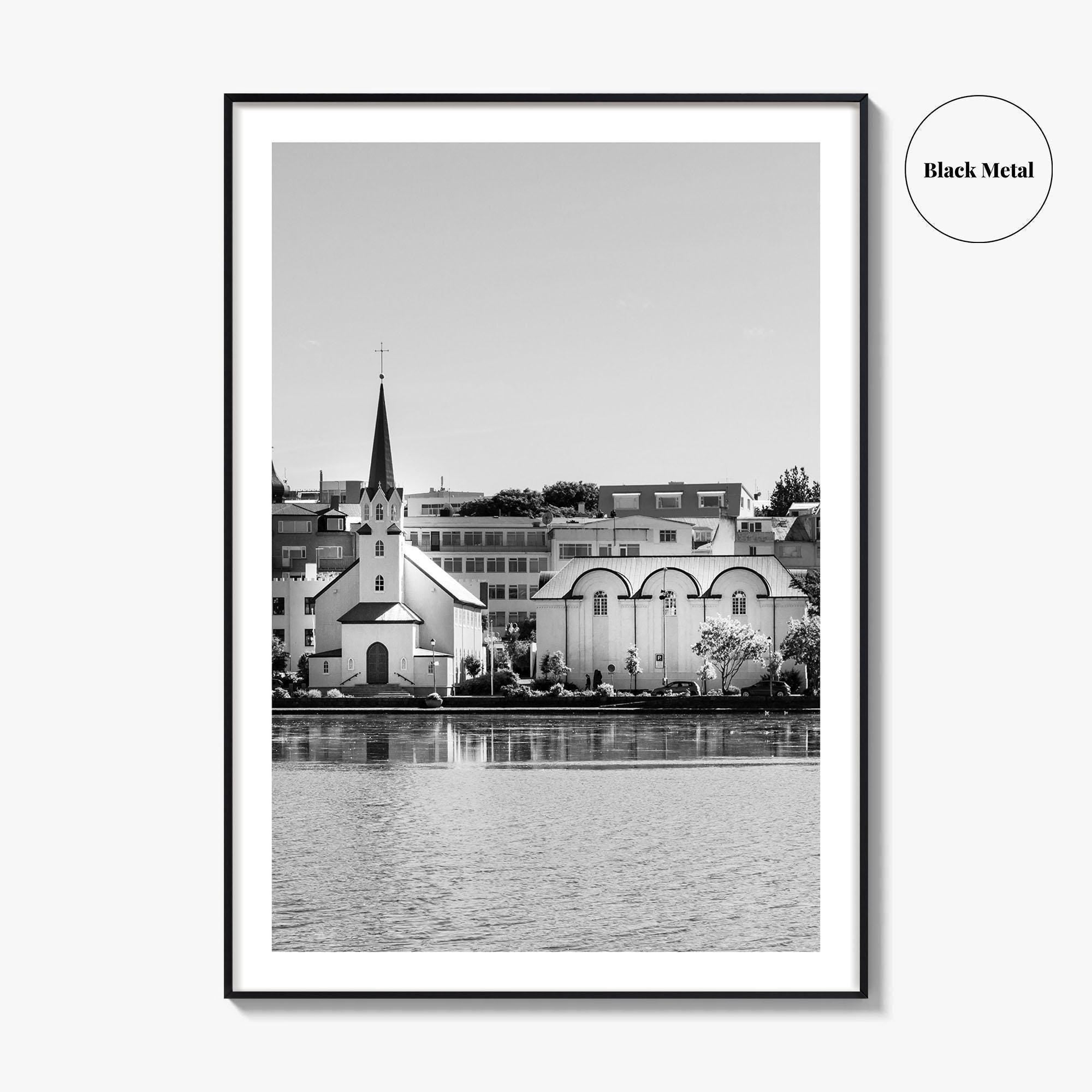 Reykjavik Black and White Fine Art Photo Print, Iceland City Center Lake Wall Poster