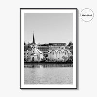 Reykjavik Black and White Fine Art Photo Print, Iceland City Center Lake Wall Poster